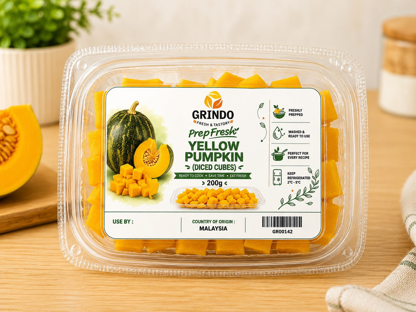 Grindo Prepfresh Yellow Pumpkin (Diced Cubes) - 200 g