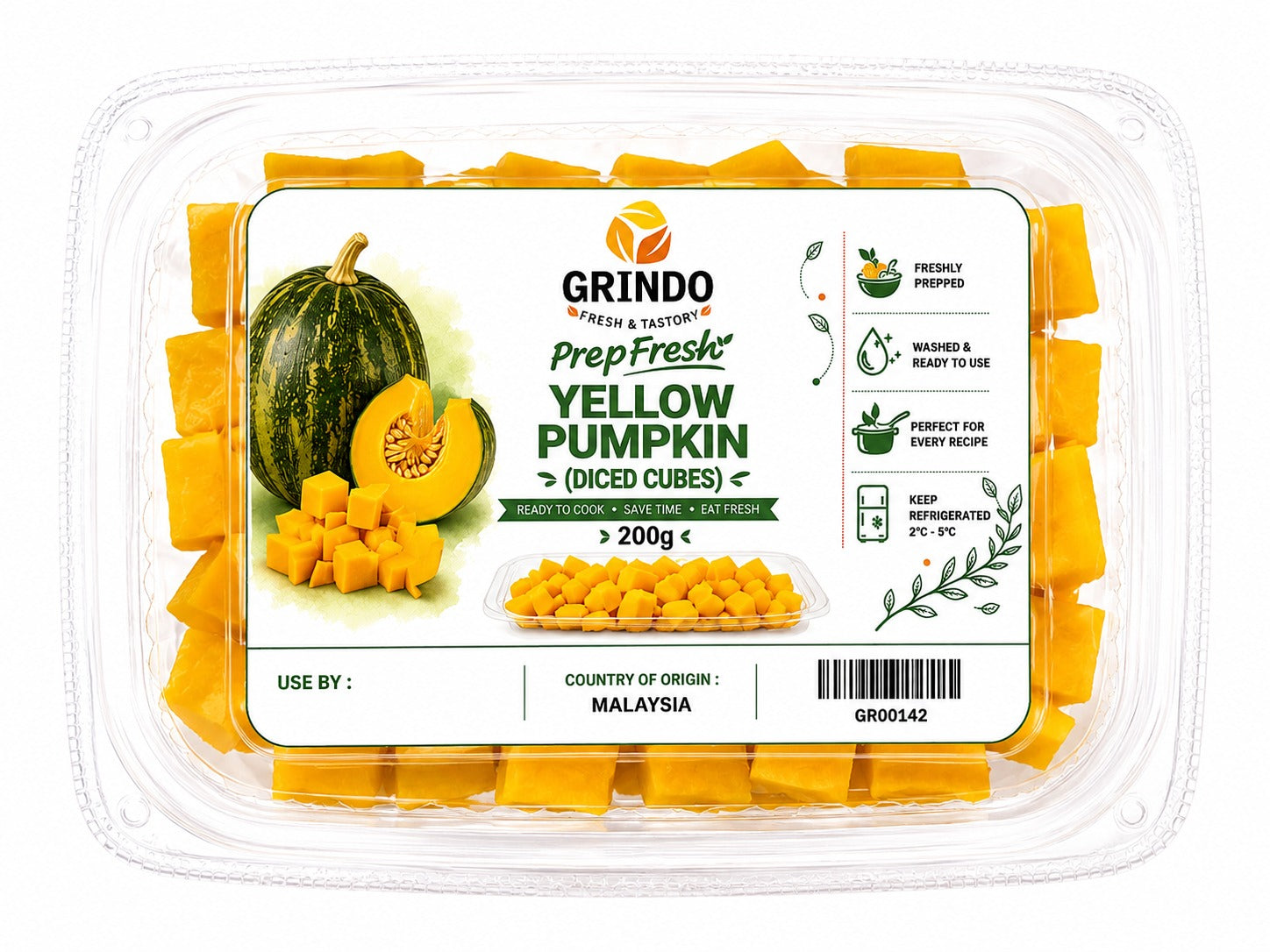 Grindo Prepfresh Yellow Pumpkin (Diced Cubes) - 200 g
