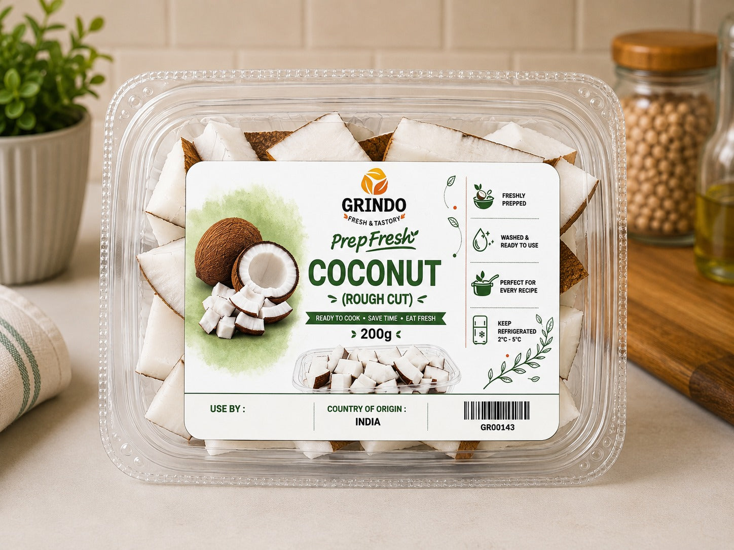 Grindo Prepfresh Coconut (Rough Cut) - 200 g