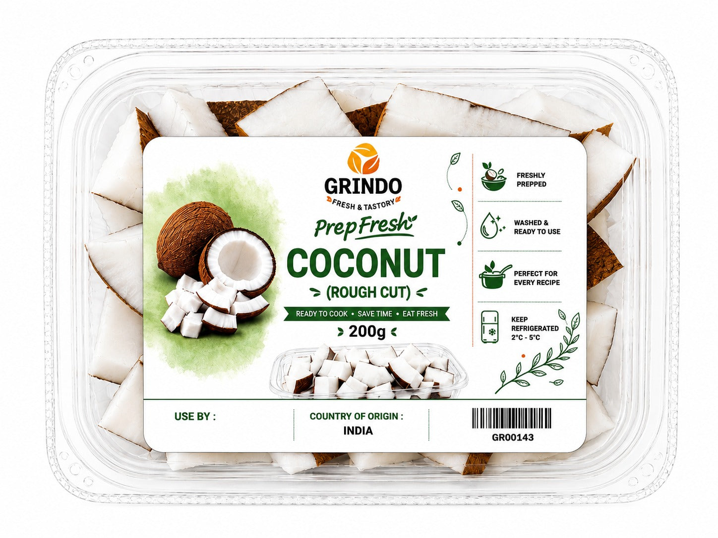Grindo Prepfresh Coconut (Rough Cut) - 200 g