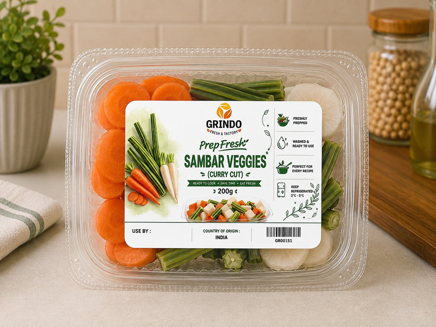 Grindo Prepfresh Sambar Veggies (Curry Cut) - 200 g