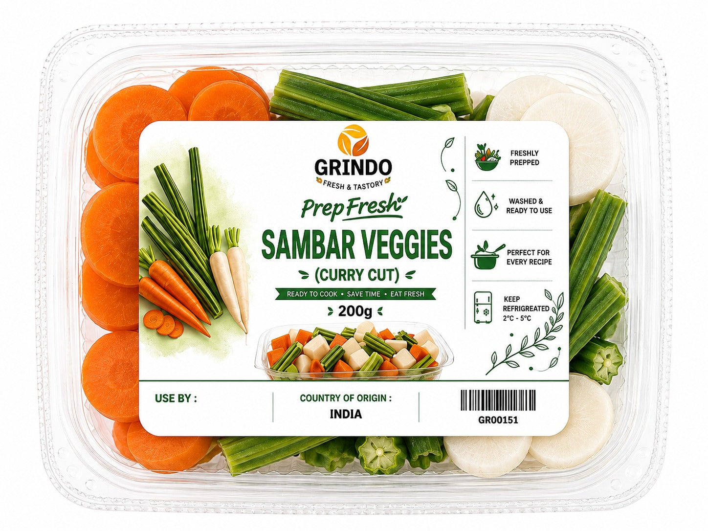 Grindo Prepfresh Sambar Veggies (Curry Cut) - 200 g