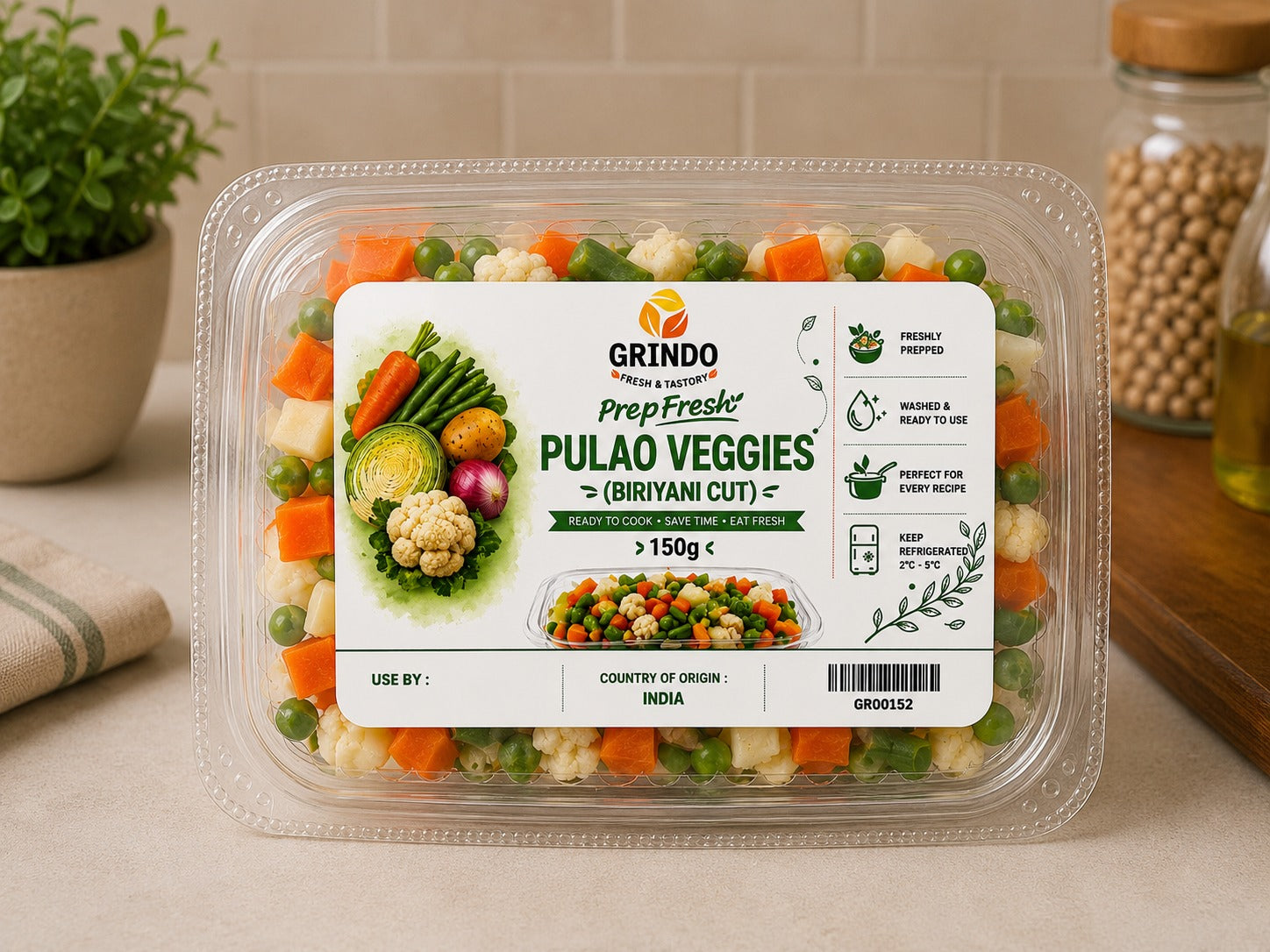 Grindo Prepfresh Pulao Veggies (Biriyani Cut) - 150 g