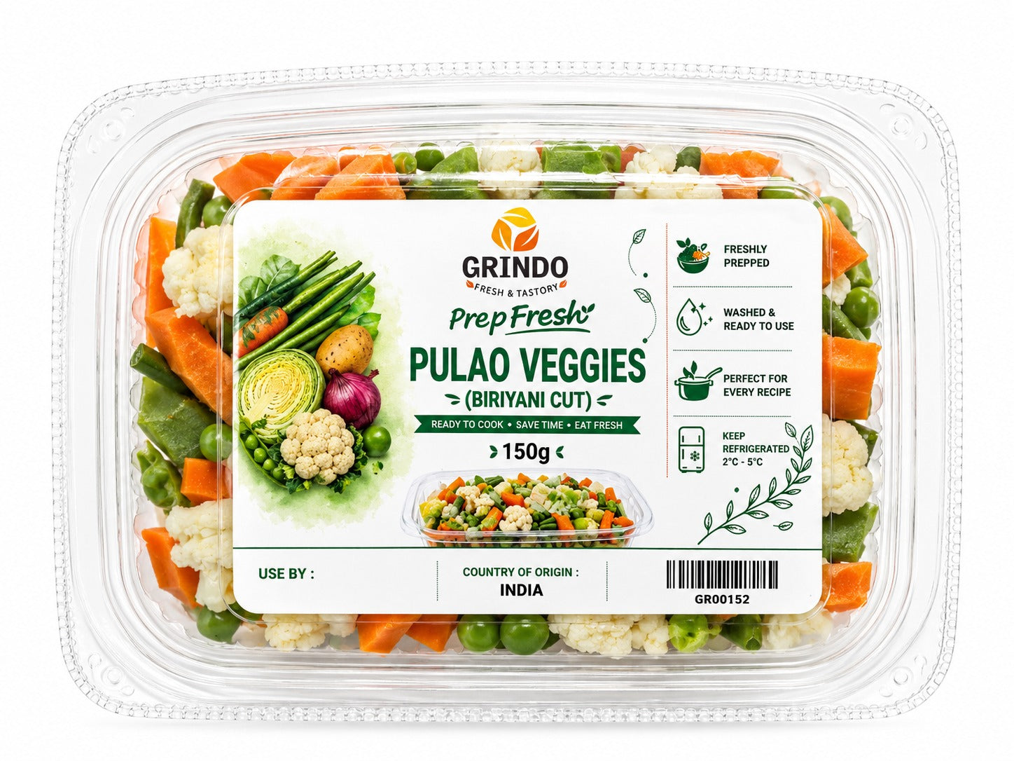 Grindo Prepfresh Pulao Veggies (Biriyani Cut) - 150 g
