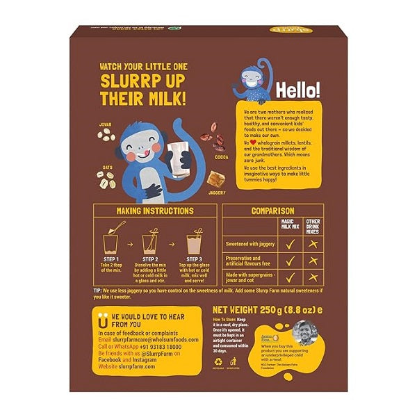 Slurrp Farm No Sugar Chocolate Milk Mix Sweetened with Jaggery Powder Contains Jowar and Oats with 10 Essential Nutrients - 250 g