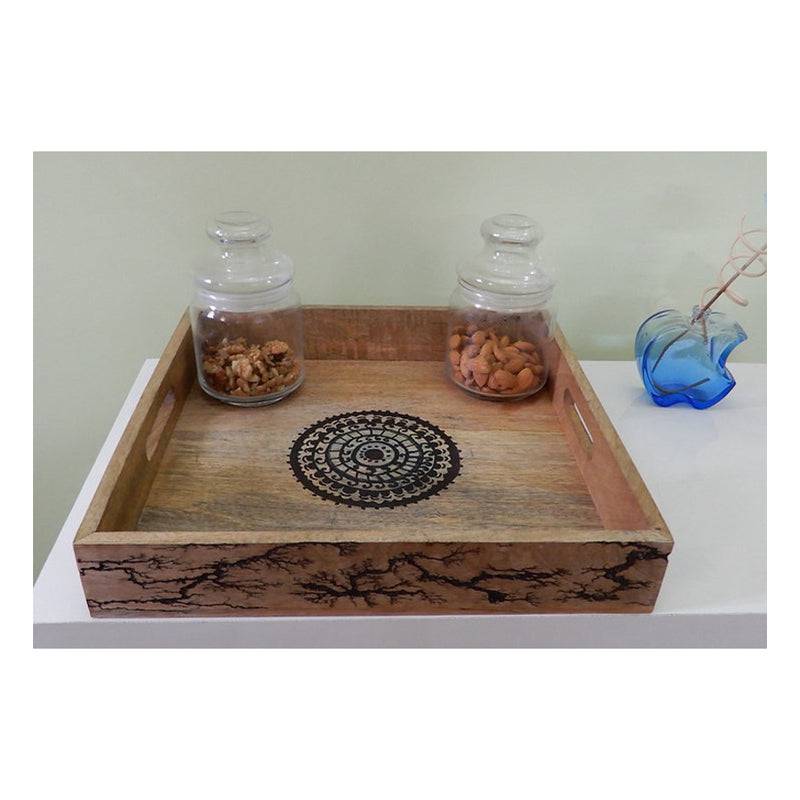 Wooden Tray with Mandala Art & Burning Effects - 1 Pc
