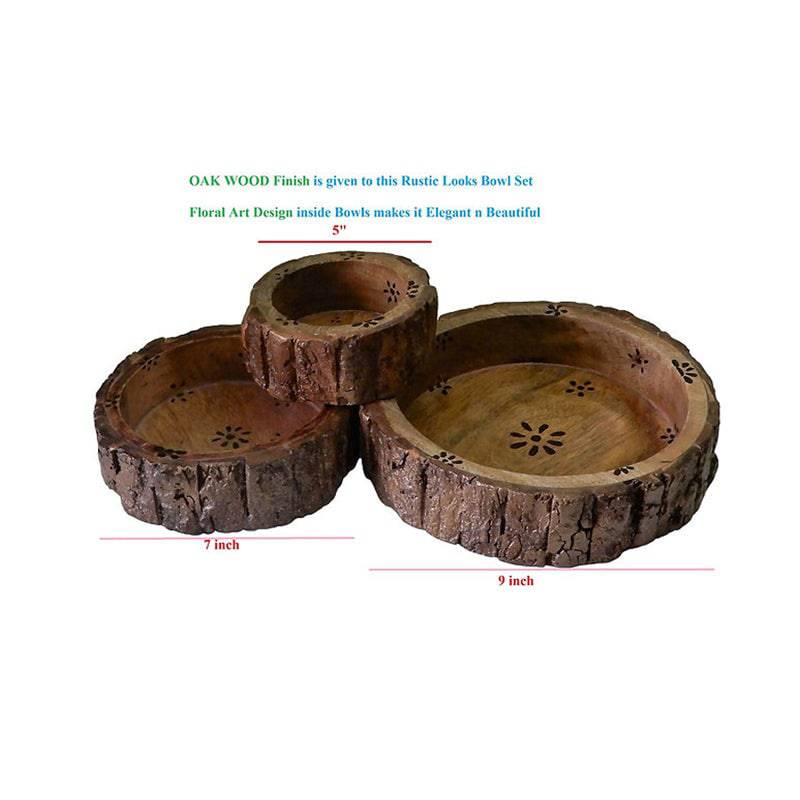 Bowls Cum Tray Made up of Bark, Rustic Bowls Set of 3 (Floral) - 1 Pc