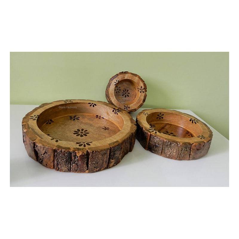 Bowls Cum Tray Made up of Bark, Rustic Bowls Set of 3 (Floral) - 1 Pc
