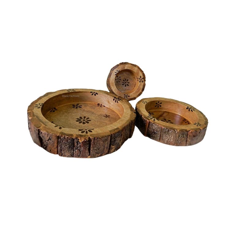 Bowls Cum Tray Made up of Bark, Rustic Bowls Set of 3 (Floral) - 1 Pc