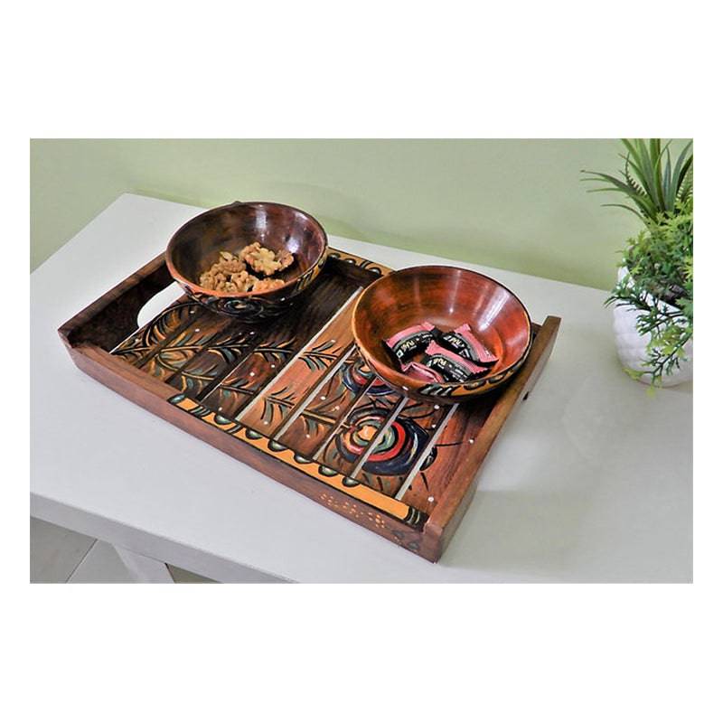 Wooden Tray with Basuri Hand painted Design with Bowls Combo (sheesham Wood) - 1 pc