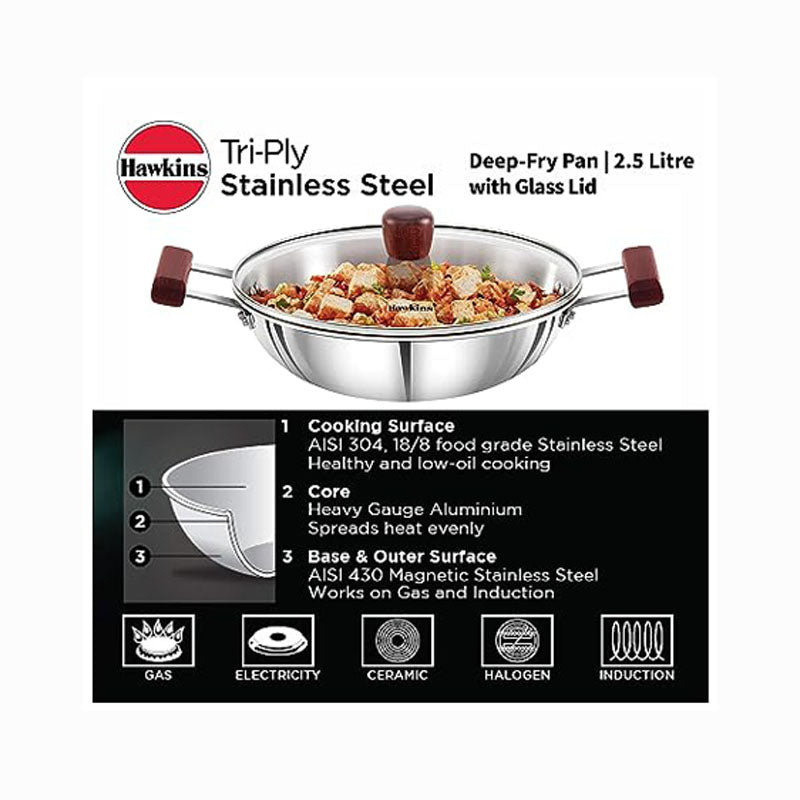 Hawkins Triply Stainless Steel Deep Fry Pan With Glass Lid - 1 Pc (2.5 L) + FREE Frying Ladle 1 Pc