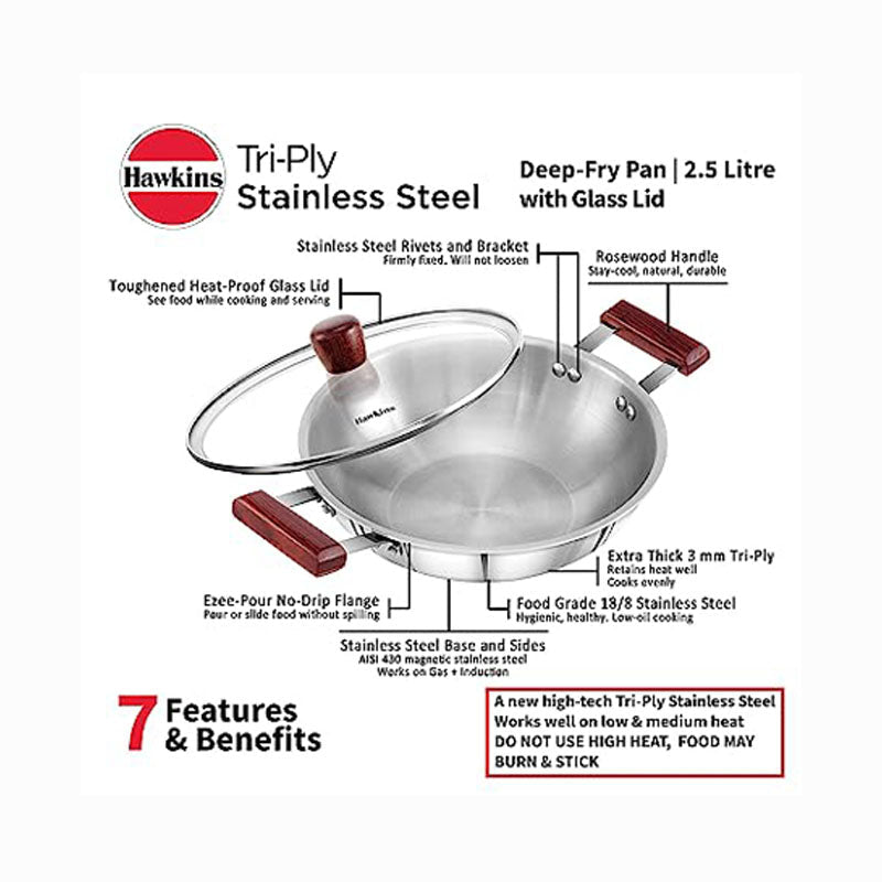 Hawkins Triply Stainless Steel Deep Fry Pan With Glass Lid - 1 Pc (2.5 L) + FREE Frying Ladle 1 Pc