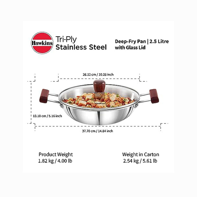 Hawkins Triply Stainless Steel Deep Fry Pan With Glass Lid - 1 Pc (2.5 L) + FREE Frying Ladle 1 Pc