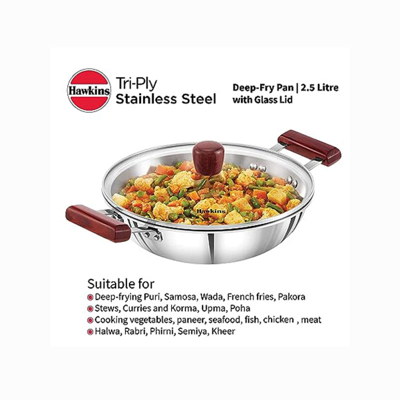 Hawkins Triply Stainless Steel Deep Fry Pan With Glass Lid - 1 Pc (2.5 L) + FREE Frying Ladle 1 Pc