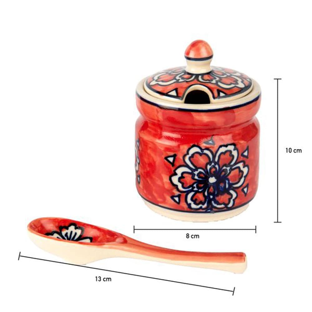 Hand Printed Red Ceramic Multipurpose Jar with Spoon - Set of 2