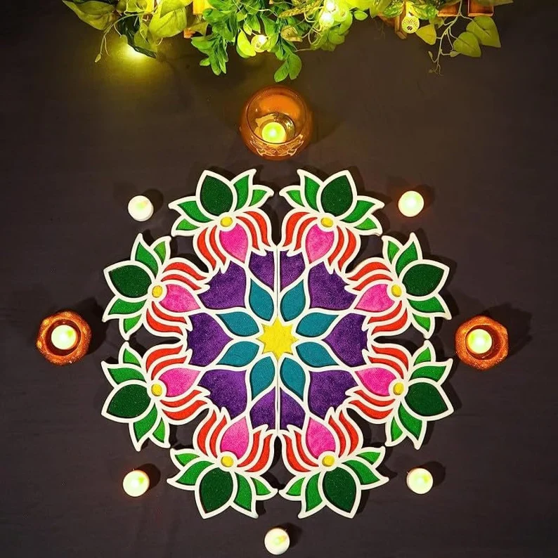Festival Diwali DIY Rangoli Set Rangoli Diya Holders Reusable Decoration Mat - 12 inch