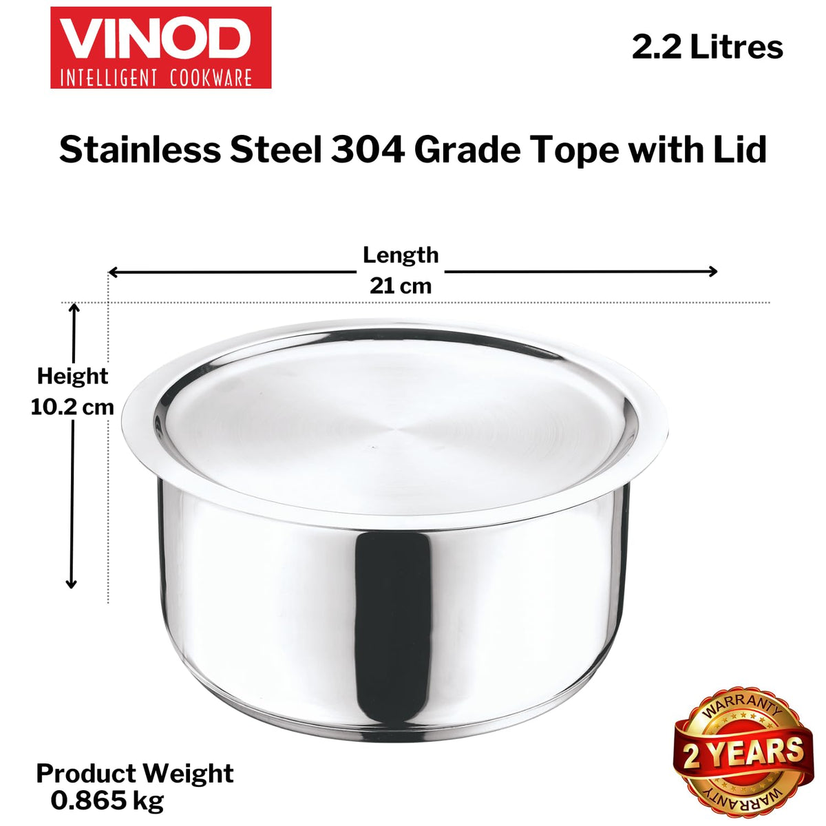 Vinod Stainless Steel 304 Grade Tope/Patila/Topiya with Lid - 2.2 L (1