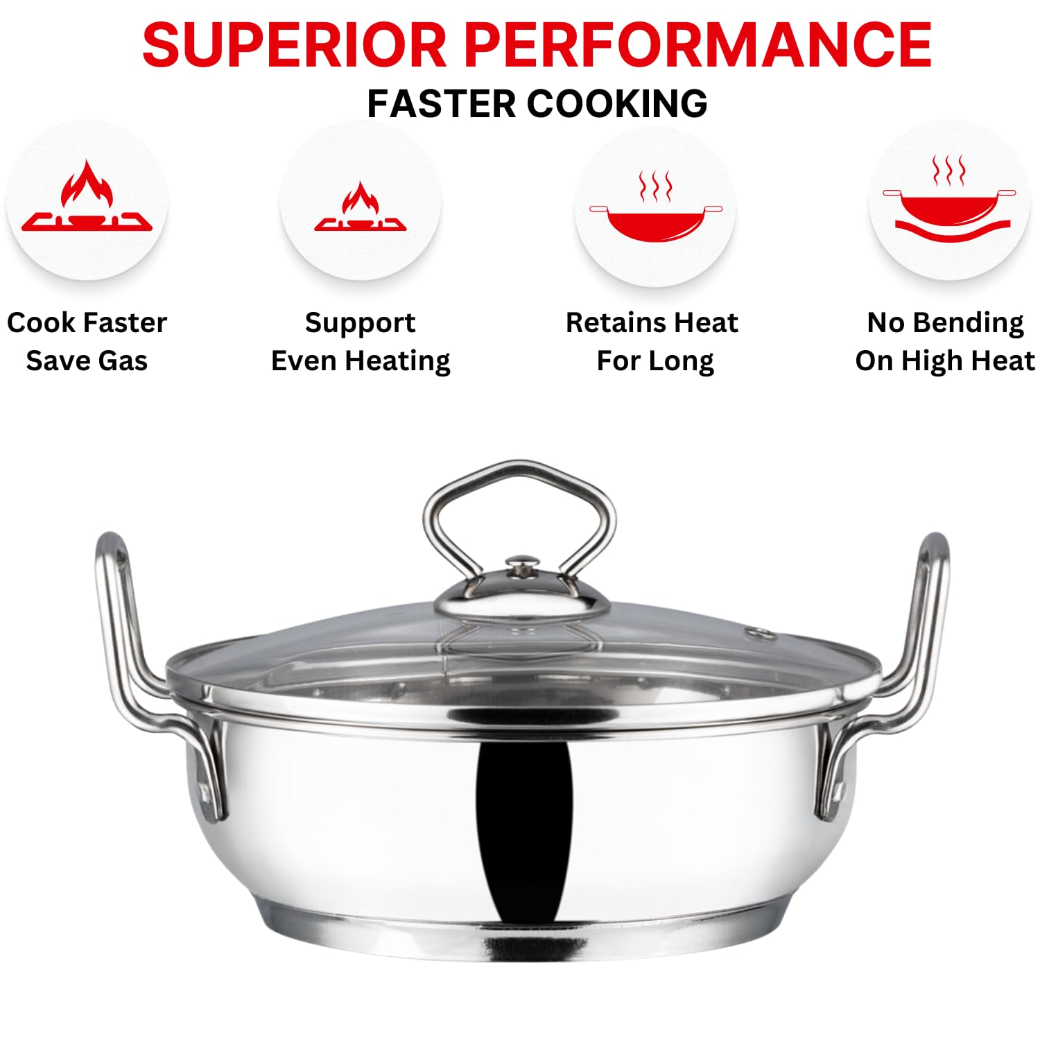 Vinod Stainless Steel Kadhai with Glass Lid - 4 L - IKD26