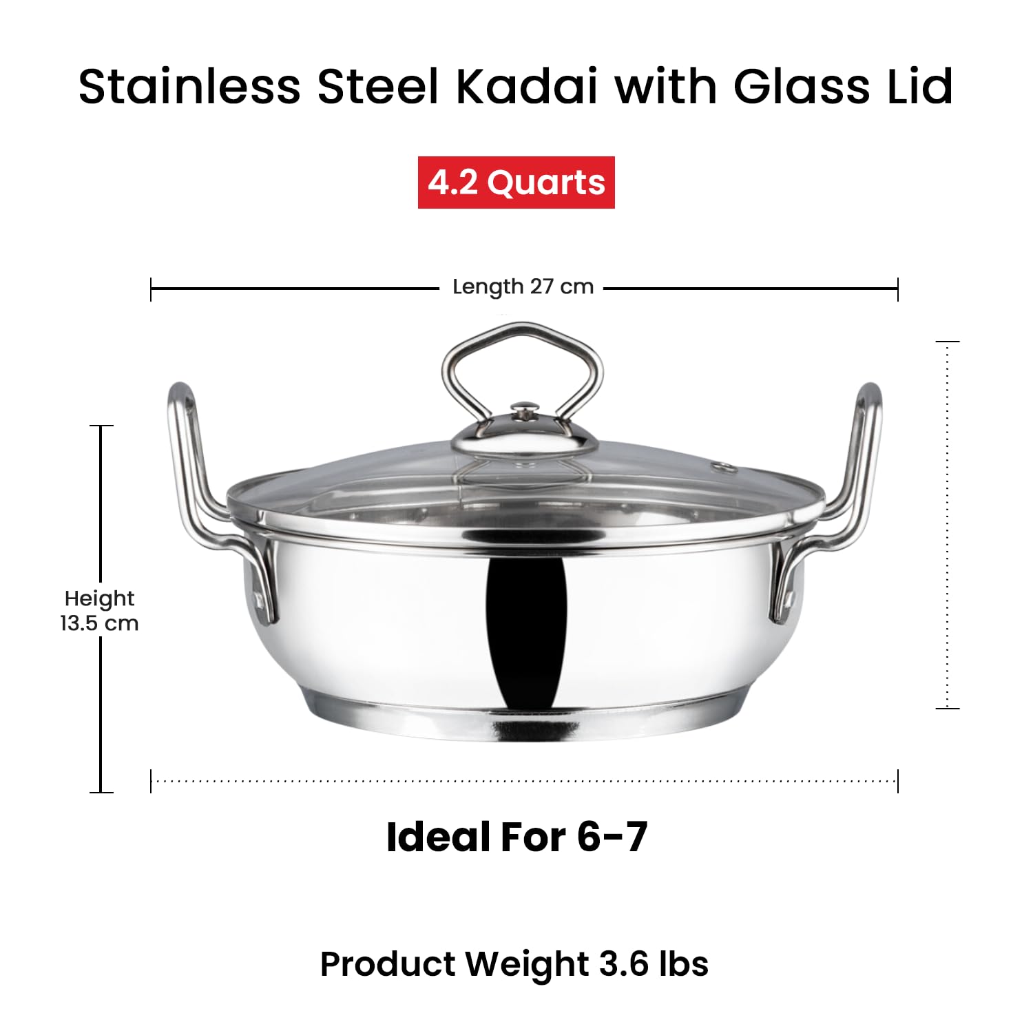 Vinod Stainless Steel Kadhai with Glass Lid - 4 L - IKD26