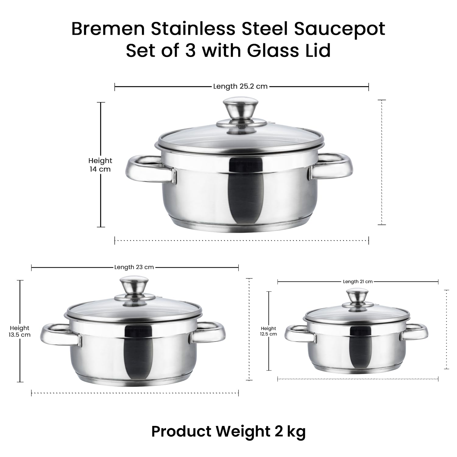 Vinod Bremen Stainless Steel Saucepot with Glass Lid - Set of 3 - BREM3
