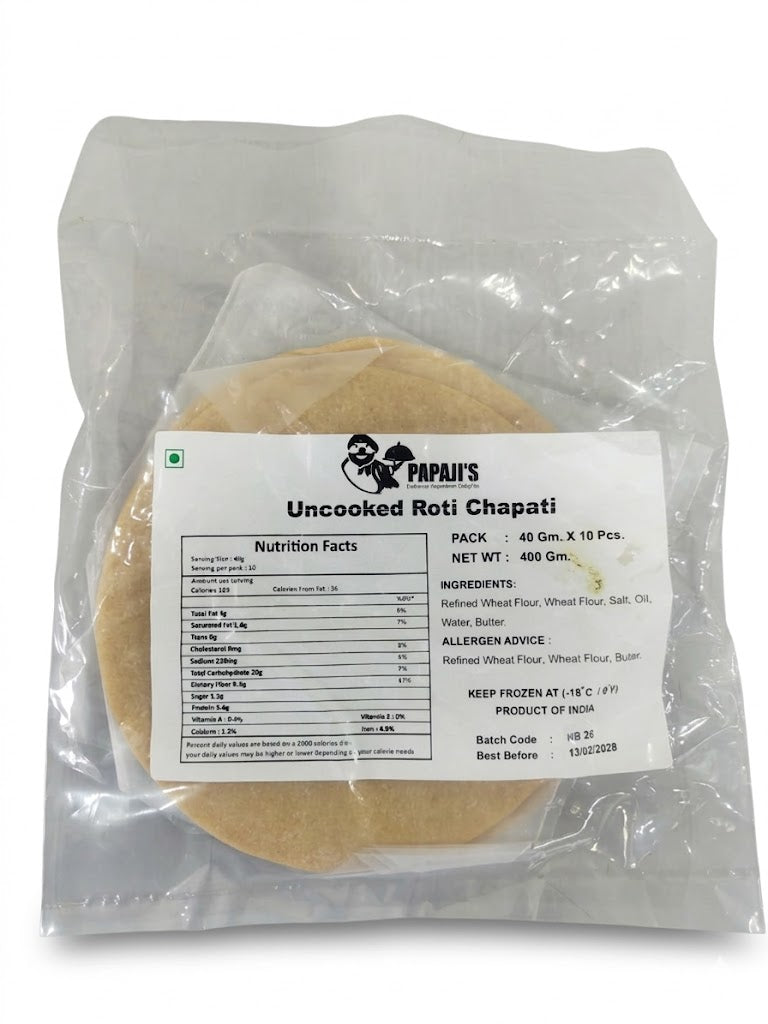 PAPAJI'S Uncooked Roti Chapati (Frozen) - 400 g / 10 Per Pack