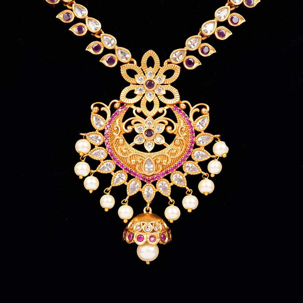 Classic Pink And White Stone Jhumka Pendent And Earring Set - 1 pc