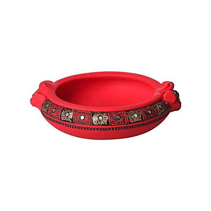 Terracotta Painted Decorative Flower Red Urli - 6 Inch