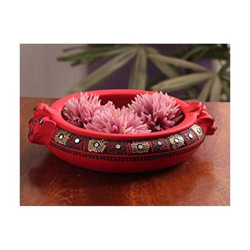 Terracotta Painted Decorative Flower Red Urli - 6 Inch