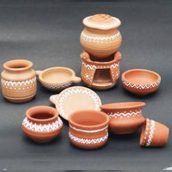 Ulamart Clay Kitchen For Kids White Painting Kolam/Medium Size Earthenware Playset - Set Of 11