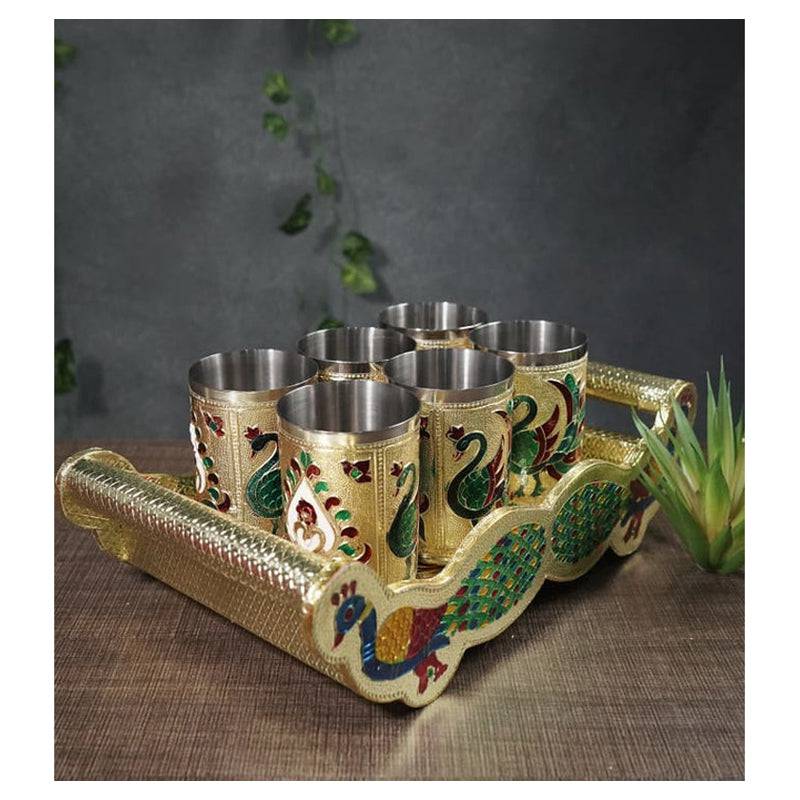 Minakari Peacock Tray Glass Set - Set Of 6
