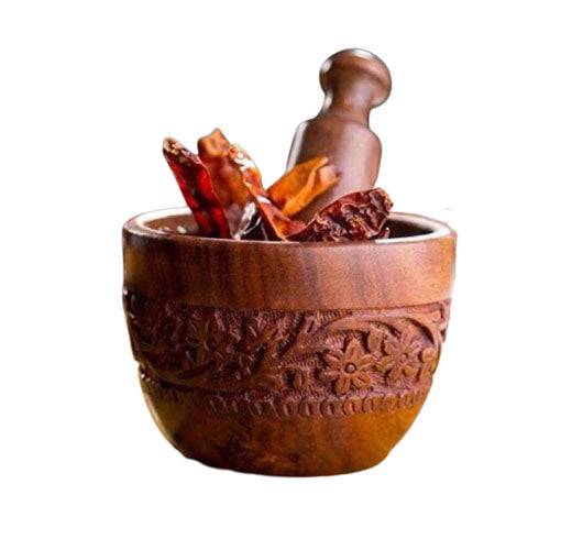 Brown Wood Carved Pestle and Mortar - 1 Pc