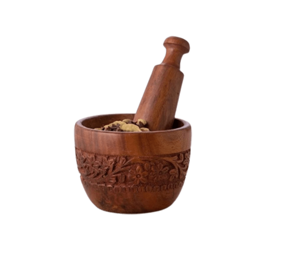 Brown Wood Carved Pestle and Mortar - 1 Pc