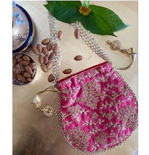 Designer Raw Silk Potli Bag With Golden Zari & Thread Embroidery Work PINK Colour for Gifting (Ganesh Puja Navratri & Diwali)