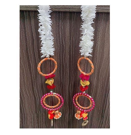 Artificial Rose Door Toran With Woolen Pom Pom & Thread Rings Set (16")
