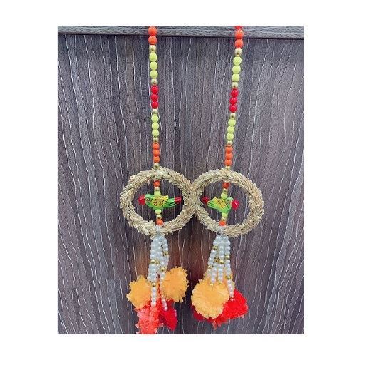Artificial Marigold (Orange & Red) Door Toran With Parrot N Circle & Beads Set (18")