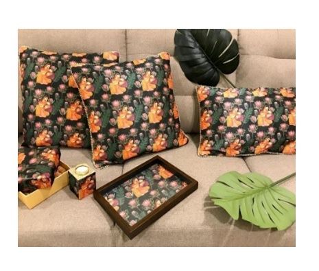 Sofa Cushion Covers 2 NO. With 1 Wooden Frame Rectangle Tray & 1 Diya Holder Living Room Decor For Decorative/Gifting Purpose/Festive/Home Decor/Table Top 