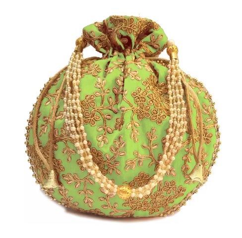 Designer Raw Silk Potli Bag With Golden Zari & Thread Embroidery Work PISTA Colour for Gifting (Ganesh Puja Navratri & Diwali) 