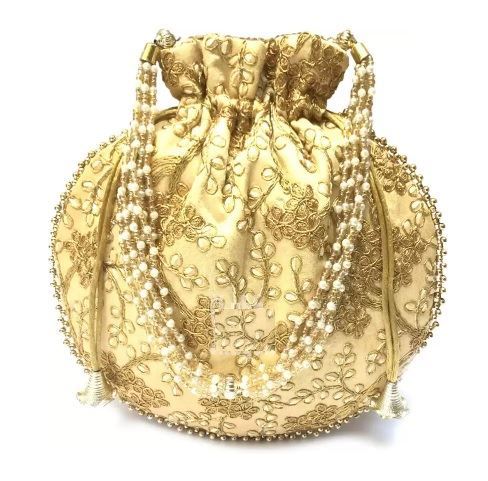 Designer Raw Silk Potli Bag With Golden Zari & Thread Embroidery Work IVORY Colour for Gifting (Ganesh Puja Navratri & Diwali)