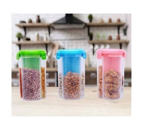 Kayden Plastic Made Transparent Type Round Shaped 3 Section Cereal Dispenser Cum Kitchen Food Storage Container
