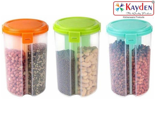 Kayden Plastic Made Transparent Type Round Shaped 3 Section Cereal Dispenser Cum Kitchen Food Storage Container