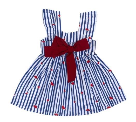 Nino Bambino 100% Organic Cotton Blue Horizontal Striped With Watermelon Designed Sleeveless Dress For Baby & Kid Girls (Certified ORGANIC)