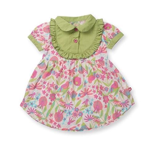 Nino Bambino 100% Organic Cotton Green N Pink Floral Designed Half Sleeve Apron Dress For Baby Girls (Certified ORGANIC)