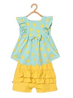 Nino Bambino 100% Organic Cotton Green N Yellow Polka Dot Sleeveless Square Neck Top & Yellow Shorts For Baby Girls (Certified ORGANIC)