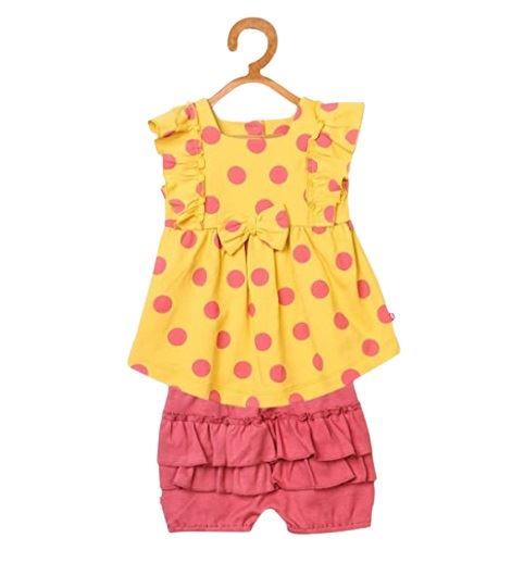 Nino Bambino 100% Organic Cotton Yellow N Pink Polka Dot Sleeveless Square Neck Top & Pink Shorts For Baby Girls (Certified ORGANIC)