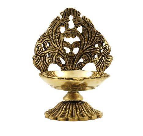 Brass Antiquated Ethinic Vintage Diya With Carving Design With Base (Golden)