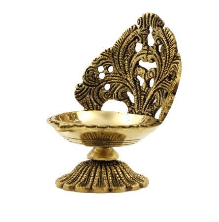 Brass Antiquated Ethinic Vintage Diya With Carving Design With Base (Golden)