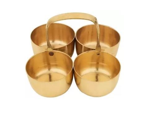 Brass Chowmukh Haldi(Turmeric) Kumkum Chandan Chawal(Akshat) Holder Brass Pooja Accessories Brass Small Chowmukh 4 Bowl Holder Patra