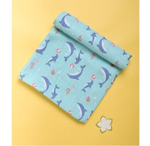 Kaarpas Ocean Dive 100% Premium  Cotton Muslin Swaddle Delphi The Dolphin Baby Blanket Medium (KASW1031S) (Certified ORGANIC)