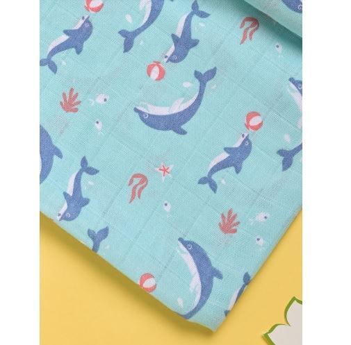 Kaarpas Ocean Dive 100% Premium  Cotton Muslin Swaddle Delphi The Dolphin Baby Blanket Medium (KASW1031S) (Certified ORGANIC)