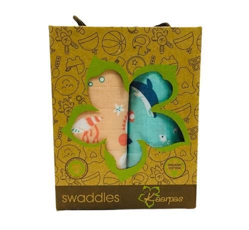 Kaarpas Ocean Dive 100% Premium Cotton Muslin Set of 2 Swaddles Dolphin & Seahorse Baby Blanket Medium (KASW2032S) (Certified ORGANIC)